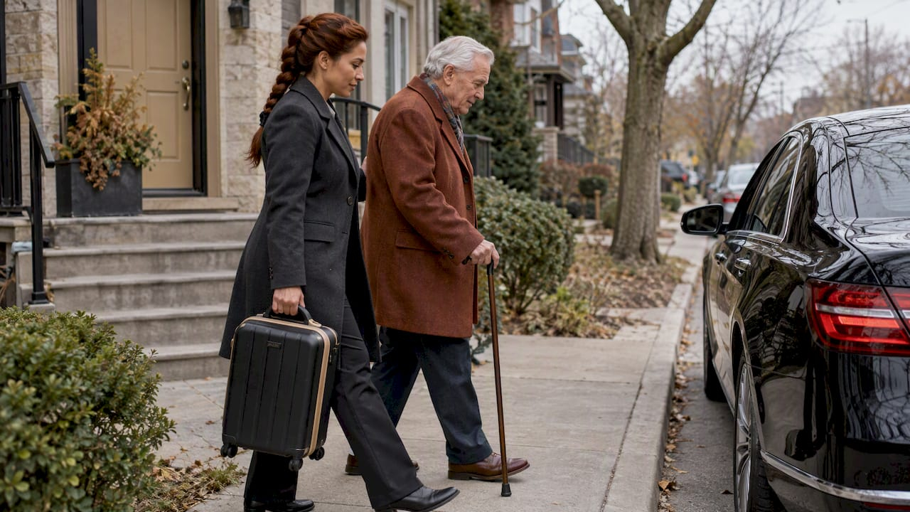 Private Car for Long Trips From Toronto: Why It Works Chauffeur carrying luggage beside an older traveller